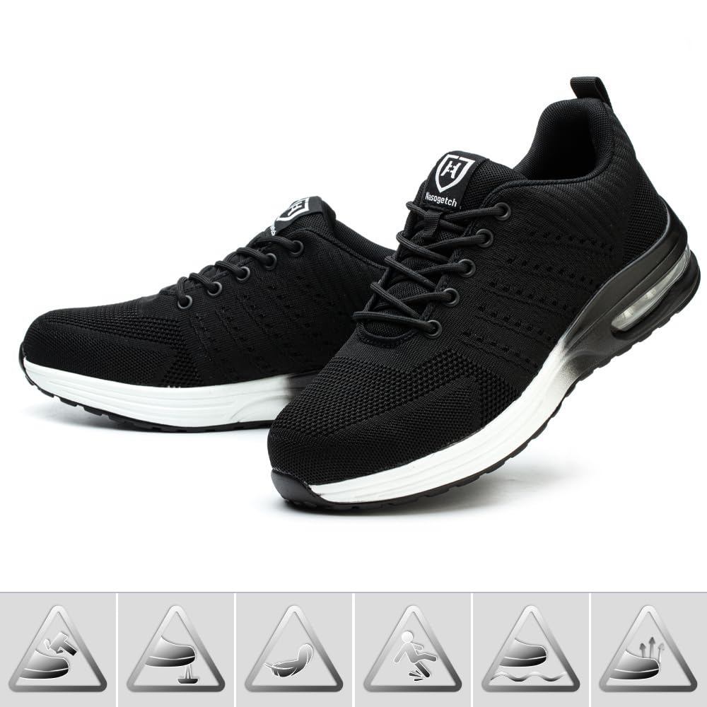 Buty ochronne, trampki dla mężczyzn i kobiet ze stalowymi noskami, lekkie buty ochronne, oddychające buty robocze, Czarny, biały, 45 EU