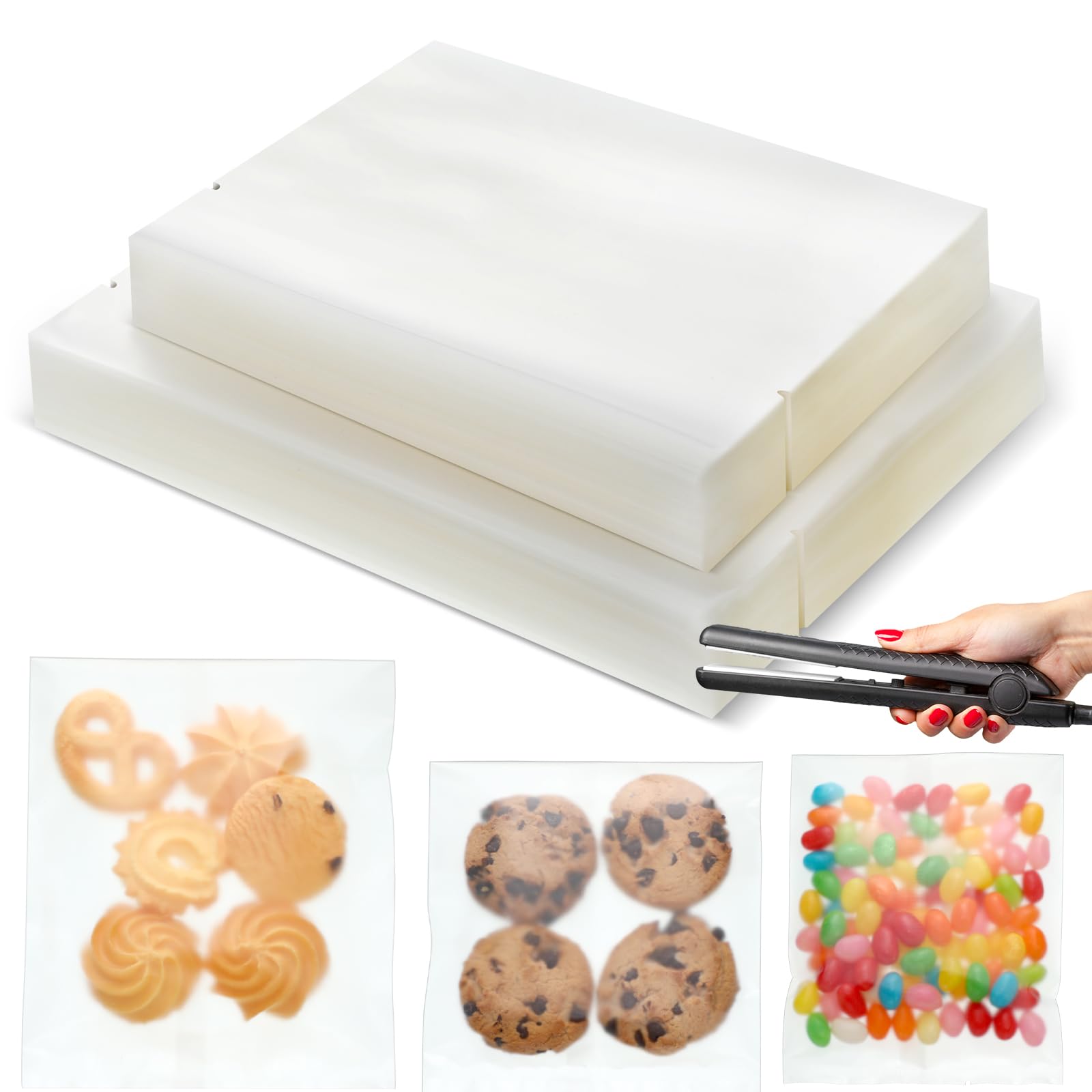 Yexiya 200 Pcs Heat Seal Cookie Bags Cellophane Flat Edge Cookie Bags with 2 Sizes 4" x 6", 5" x 7" for Bakery Treat Chocolate Candy Desserts Snack
