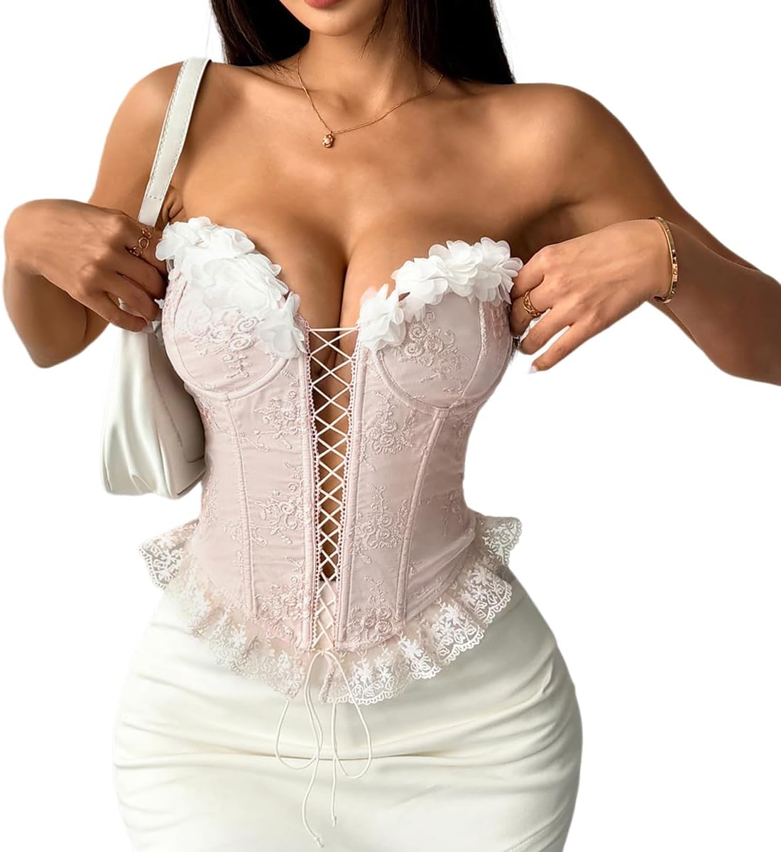 Women's Lace Up Boned Bustier Top Floral Embroidery Corset Lace Trim Going Out Top