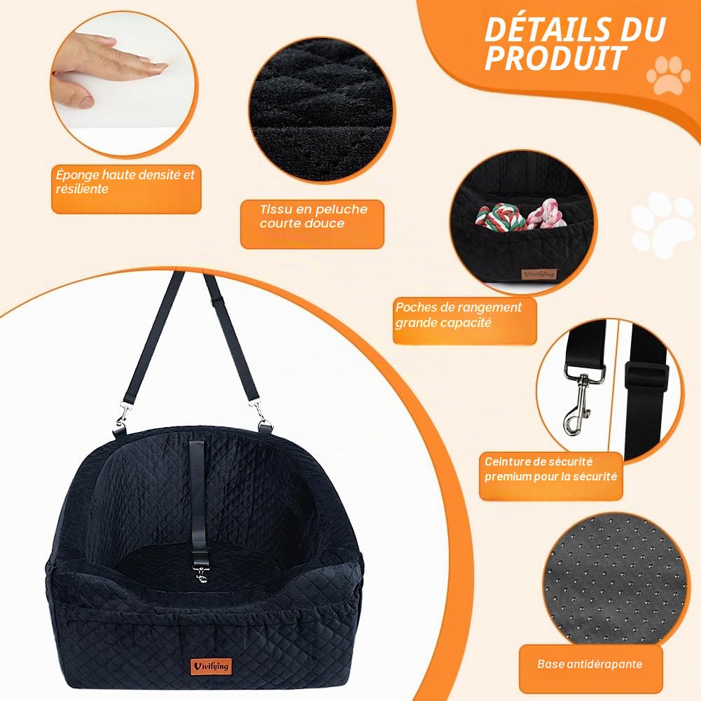 Vivifying Siège Auto pour Petit Chien, rehausseur Amovible et Lavable pour Animaux jusqu'à 11,3 kg - Lit de Voyage avec Compartiments de Rangement et Ceinture de sécurité (Noir)