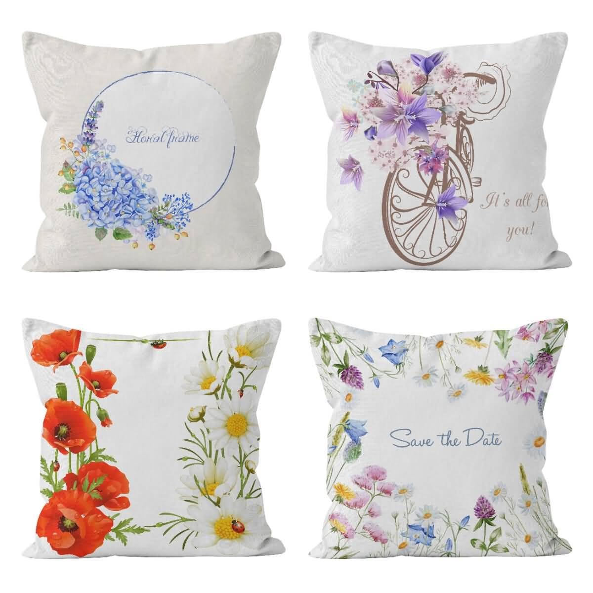 Housse de coussin 50x50cm en lin vintage fleur et style aesthetic pour salon, lot de 4