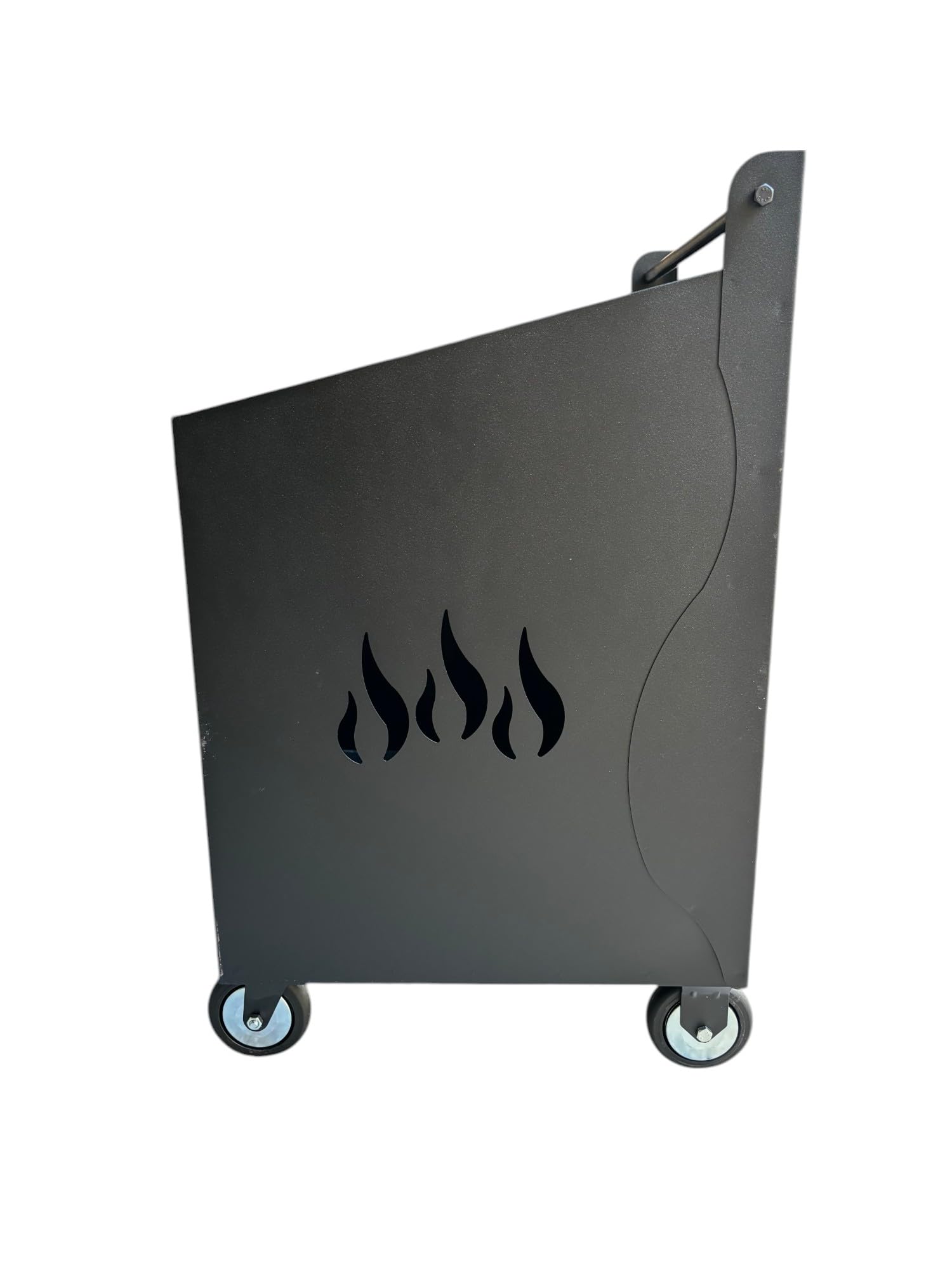 Porta Legna con Ruote, Porta Pellet, in Ferro Battuto, Grigio antracite, 52x47x80h cm, Motivo Fiamma, Per Camino e Stufe