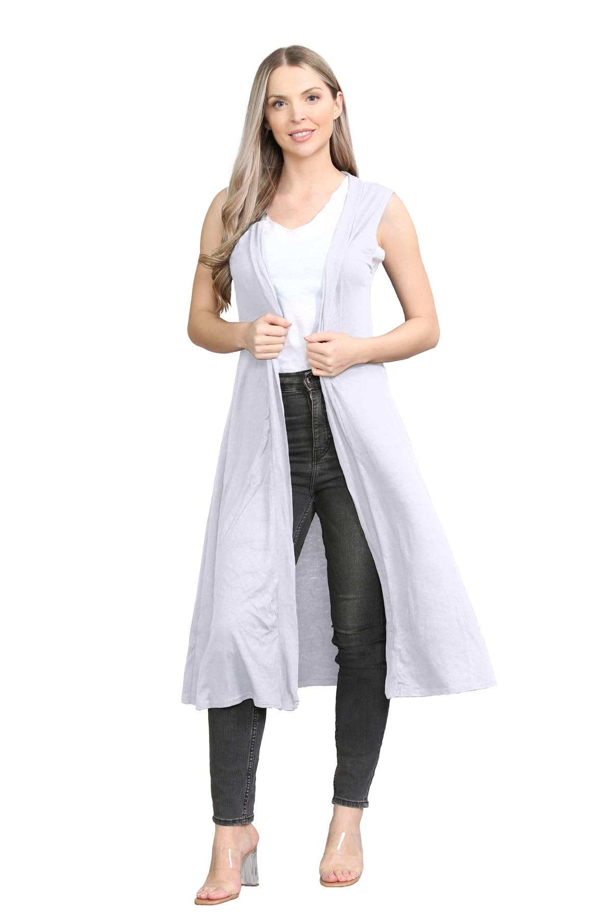 janisramone® Sleeveless Cardigans for Women UK, Stylish and Versatile Plain Open Collared Long Maxi Boyfriend Cardigan Perfect for Layering Over Summer Dresses White