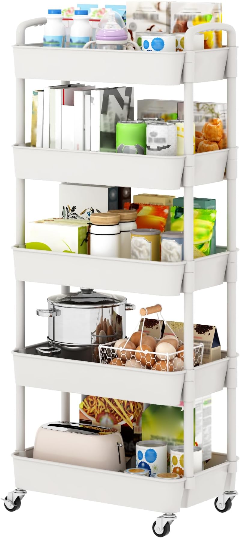 5-Tier Plastic Rolling Utility Cart with Handle, Multi-Functional Storage Trolley for Office, Living Room, Kitchen, Movable Storage Organizer with Wheels, White
