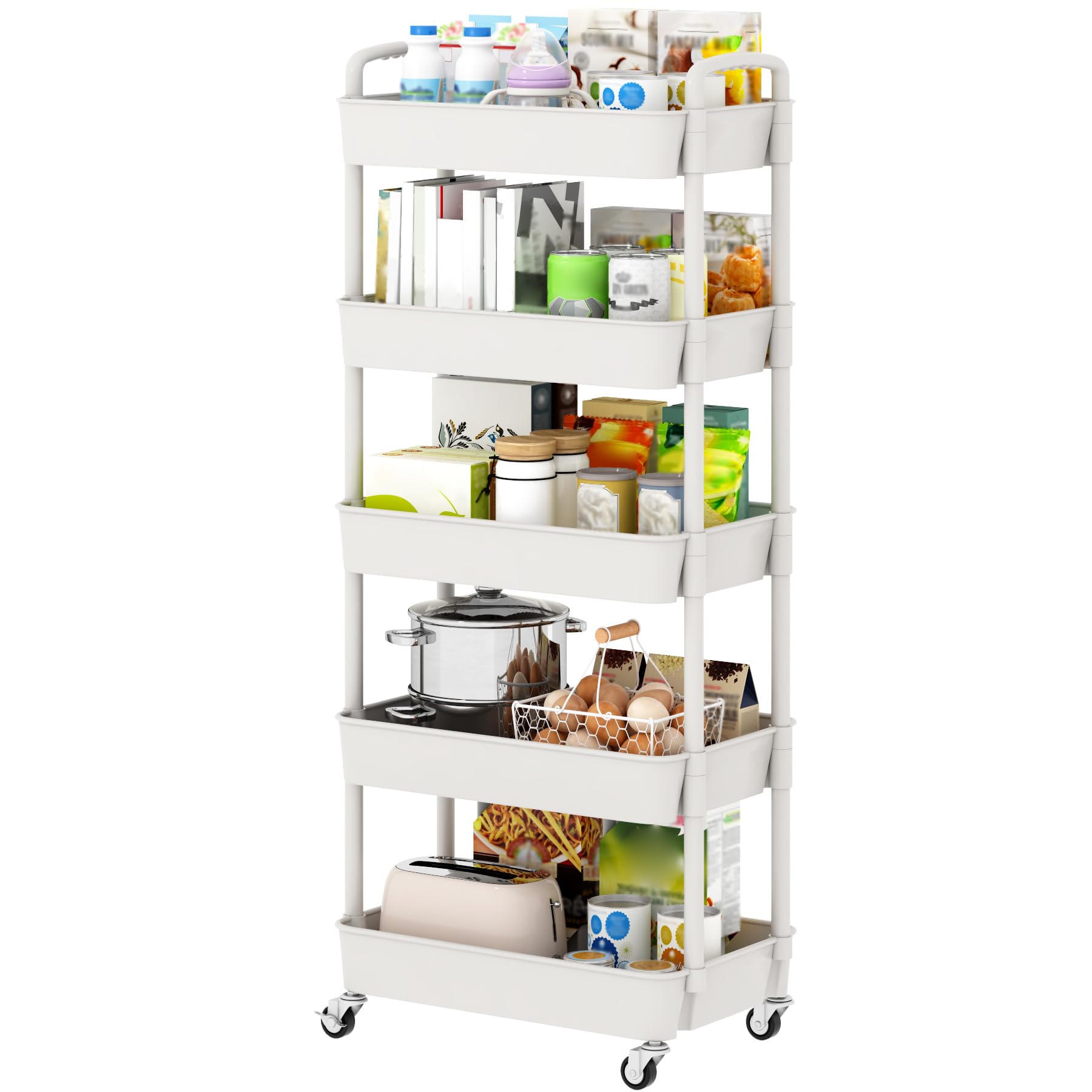 Sywhitta 5-Tier Plastic Rolling Utility Cart with Handle, Multi-Functional Storage Trolley for Office, Living Room, Kitchen, Movable Storage Organizer with Wheels, White