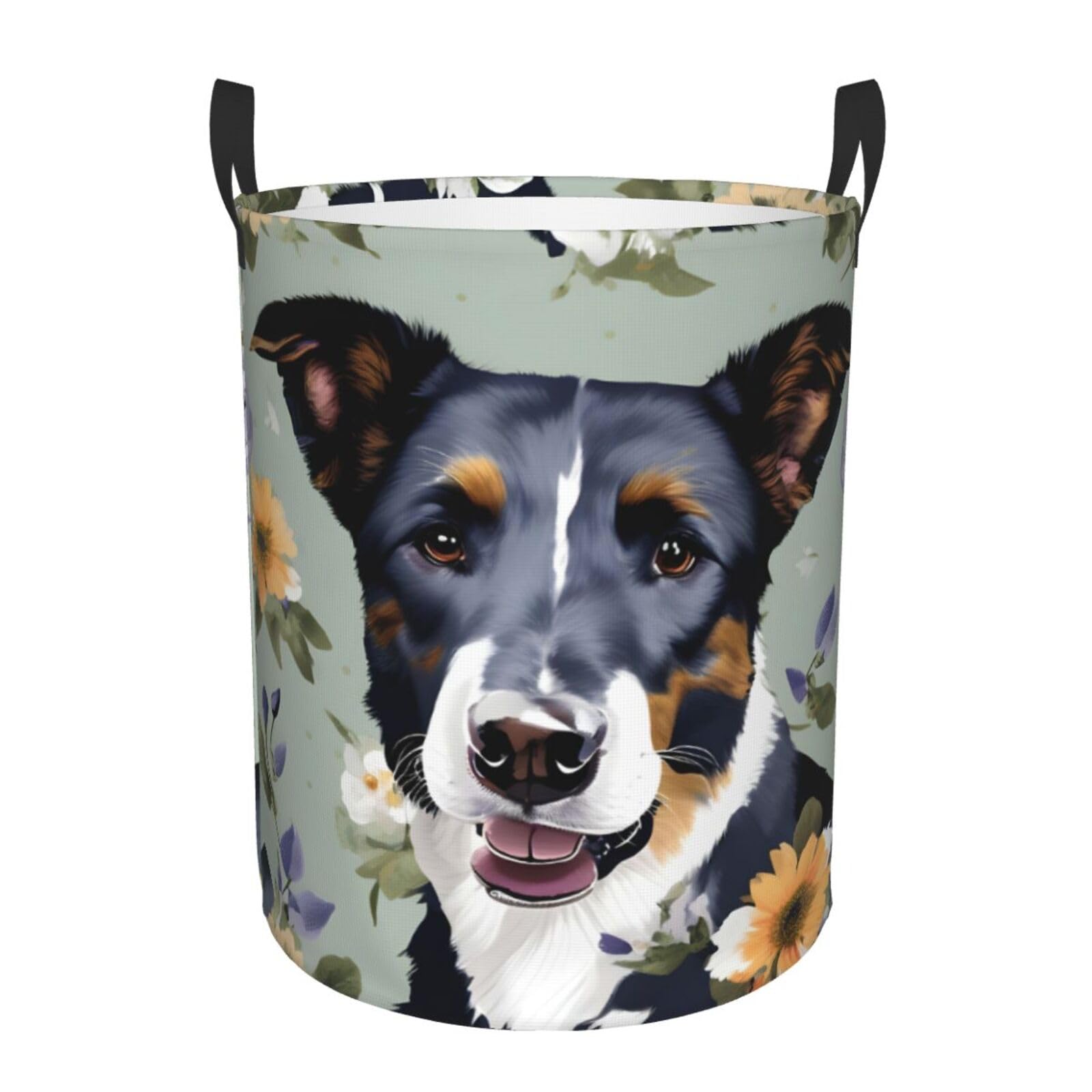 M Collapsible Round Dog Florals Print Laundry Hamper