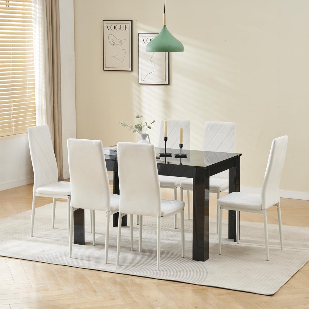 Menaka Wood Dining Table and Chairs Set of 6, Small Rectangular Kitchen Dinner Table with 6 Seaters (Argyle Grid White Velvet Chairs, 120m high gloss black table, 6 seaters)
