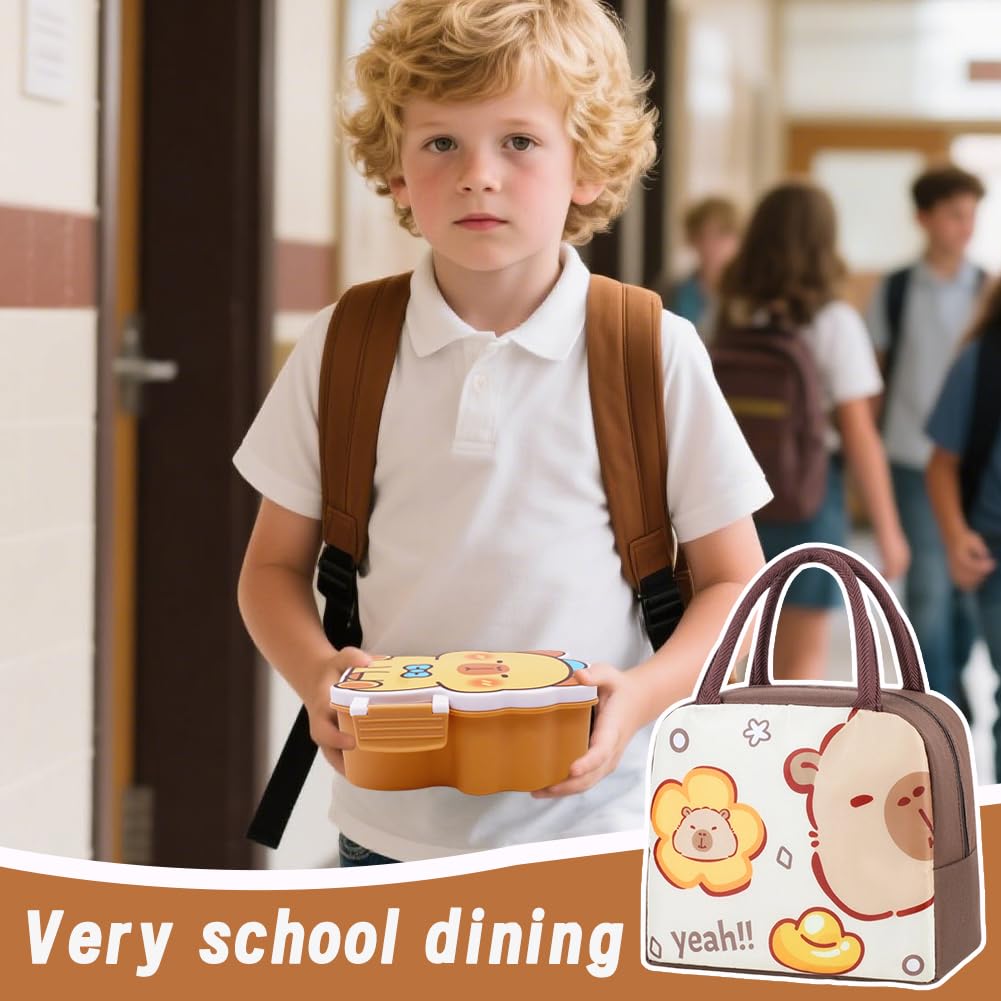 Borsa Per Il Pranzo Capybara E Bambini Con Bicchiere e Porta Pranzo,Set Da Pranzo Per La Scuola,Borsa Termica Lunch Bag Porta Pranzo Al Sacco Cartoni Animati Per Viaggi,Lavoro,Scuola