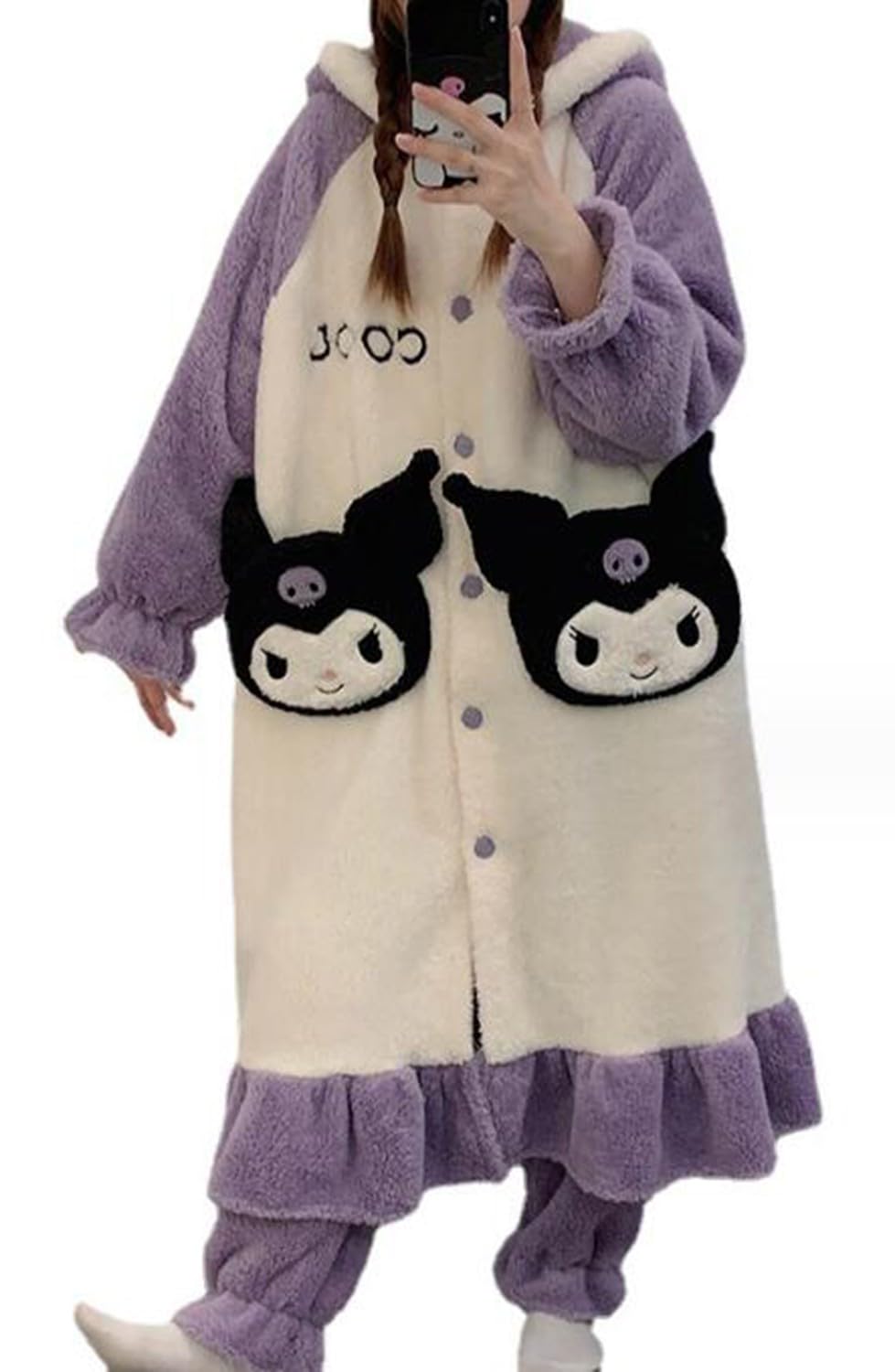 My Melody Pyjama Femme Hiver en Flanelle Peignoir de Bain avec Capuche Polaire Chaude Robe de Chambre et Pantalon Long 2 Pièces Ensemble de Pyjam Vêtements de Nuit