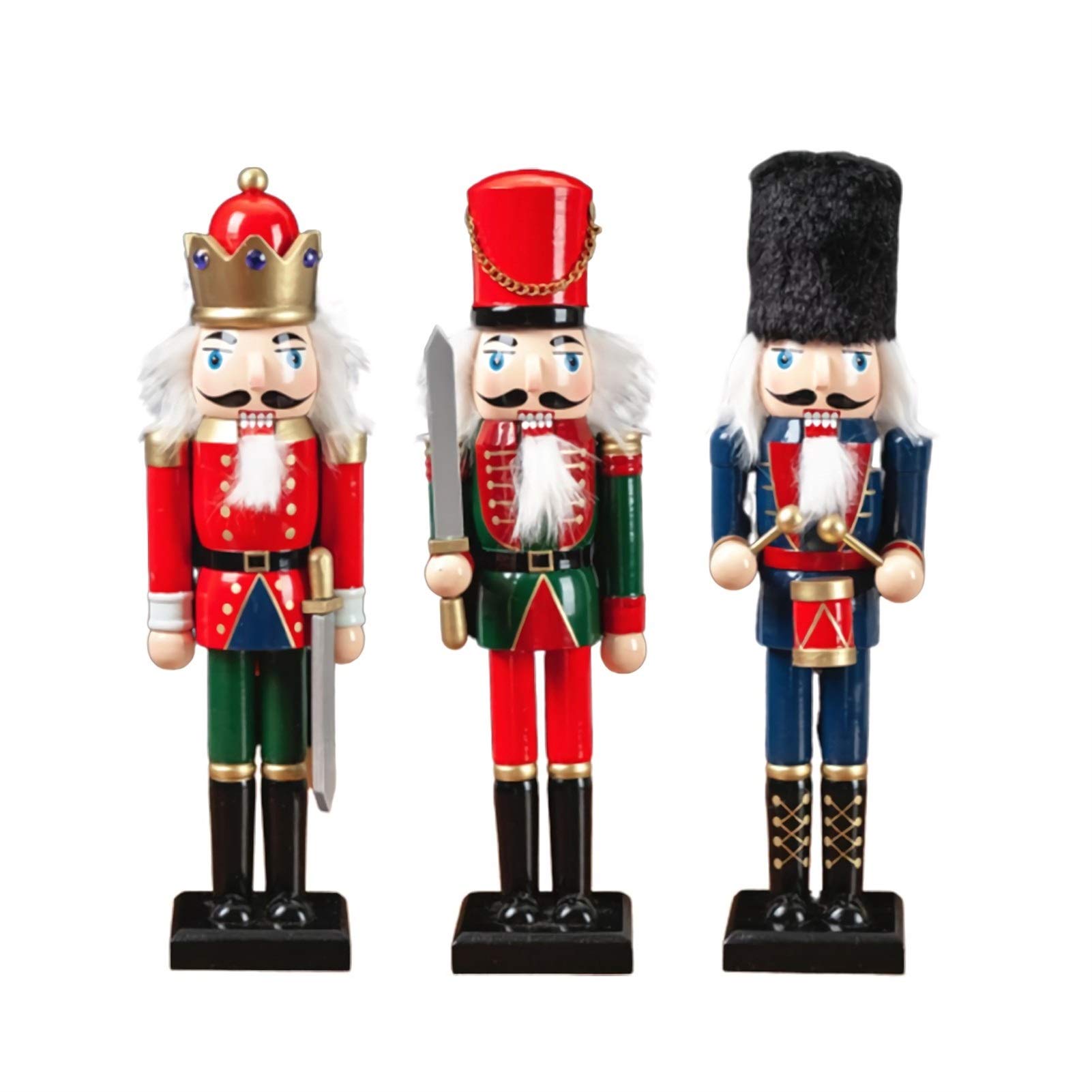 WEN 3PCS Nutcracker Soldier Figures Doll Figurine Wooden Handcraft Puppet Ornament, Perfect for Christmas Home Decoration, 11.8" Tall