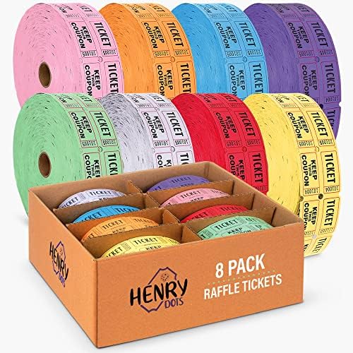 50/50 Raffle Tickets Double Roll - Bulk Box of 8 Colors - 2000 Ticket Count Per Roll - Easy Tear Away Stubs for Contact Info - Raffle Drum Tickets Roll for Drinks, Carnival, Chinese Auction, Events