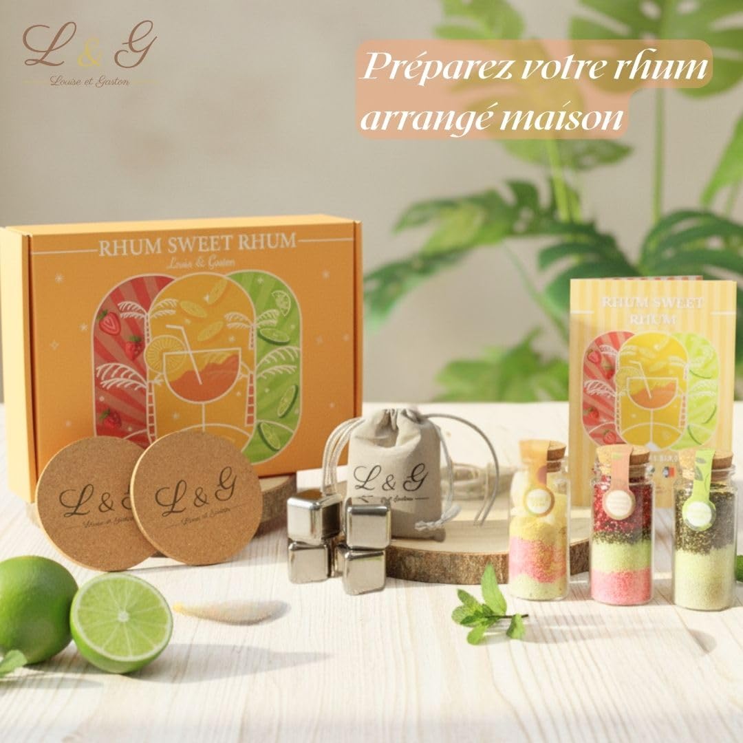 L&G - Coffret Rhum Arrangé “RhumSweetRhum” | Kit Fabrication Maison avec Épices Naturelles | 3 Fioles Saveurs Exotiques + Glaçons + Dessous de Verre | Idée Cadeau Noël ou Secret Santa