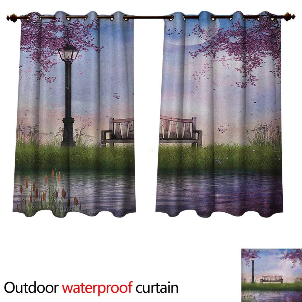 Anshesix Nature Outdoor Curtain for Patio Bench on Flowing River with Crescent Moon Lavender Trees and Grass Illustration W120 x L72(305cm x 183cm)