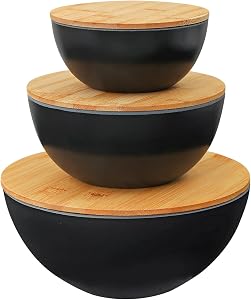 Eco-Friendly Bamboo Fiber Mixing Bowls Set with Lids (3-Pack), Reusable Food Storage & Meal Prep Bowls, Lightweight & Durable Serving Bowls for Kitchen – NOT Microwave Safe(5.7" x 7.6" x 9.8")
