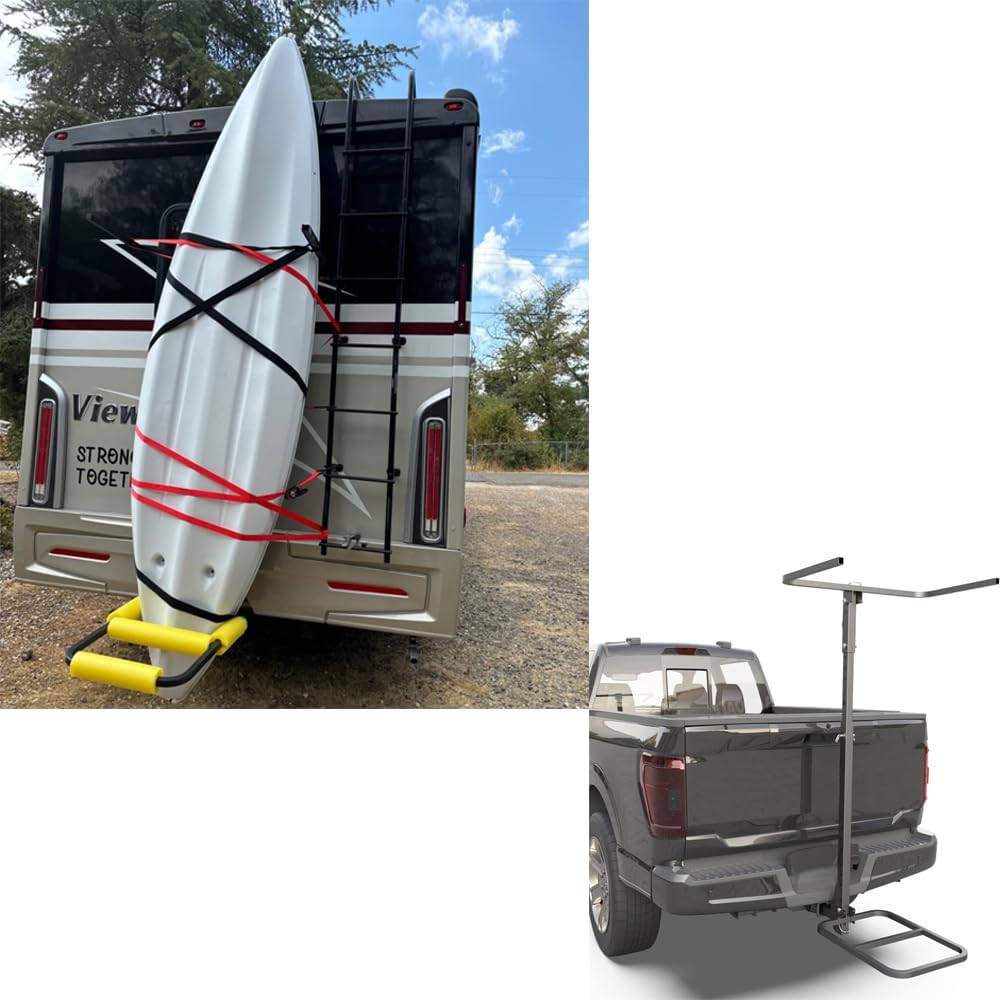 RV Hitch Mount Kayak Rack – Vertical Kayak Carrier for Up to 12’ Kayaks – 2” Hitch Receiver – 150 lbs Capacity – Compatible with RVs, Trucks & SUVs