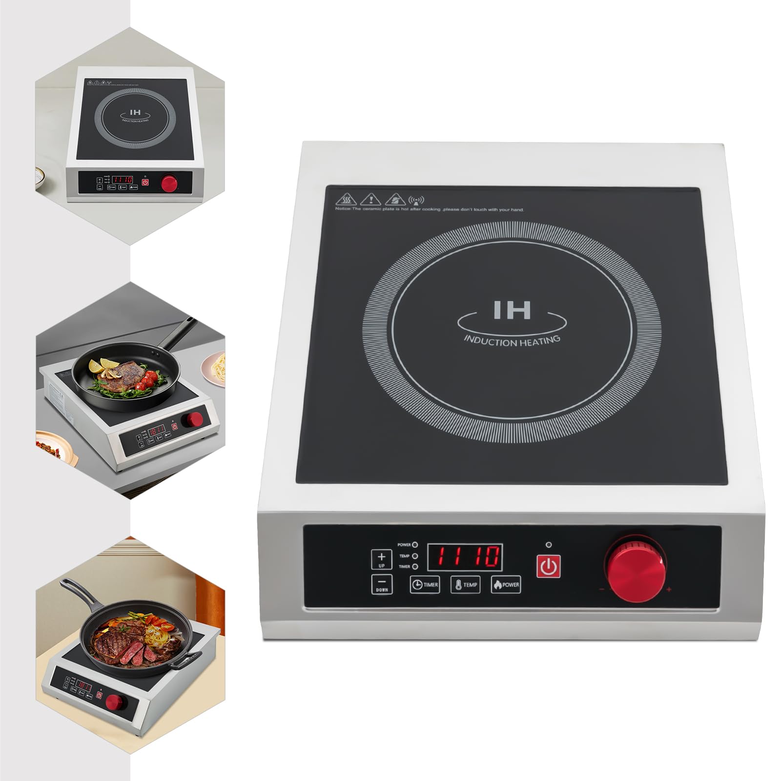 Plaque de cuisson à induction commerciale 3500 W – Plaque à induction professionnelle avec minuterie réglable jusqu'à 10 h, 10 niveaux de température (standard 200 °C/392 °F), écran LED – Idéal pour