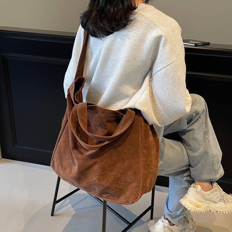 Vintage Suede Tote Bag for Women Bucket Shoulder Underarm Purse Soft Textured Crossbody Handbag Casual Versatile Style4