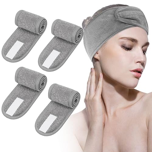 Diadema de spa, 4 piezas de diadema de tela de rizo con cinta mágica ajustable, antideslizante, elástica, toalla lavable para lavado de cara, baño,