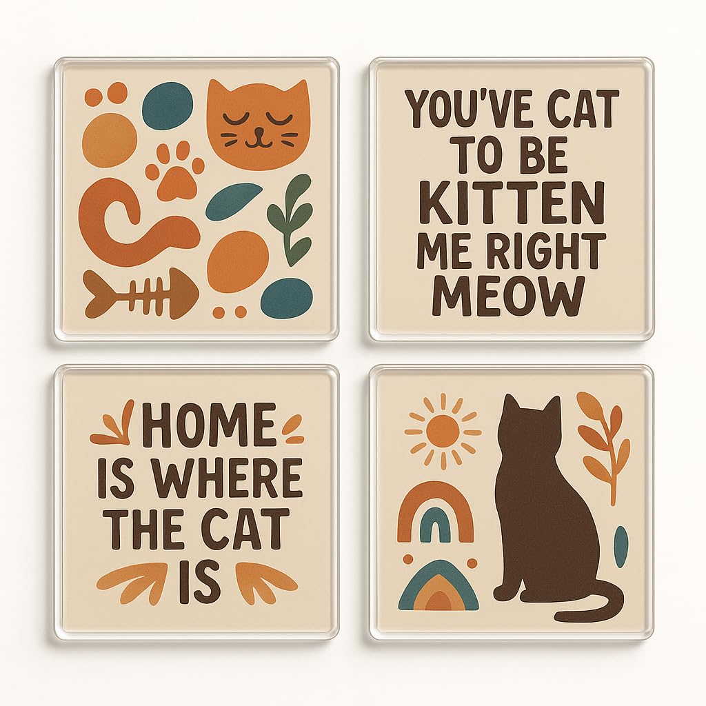 The Plum Penguin Purrfect Boho Bliss Acrylic Coaster Gift Set Of 4 - For Cat Lovers - Quirky Home Decor & Pet Parent Gift