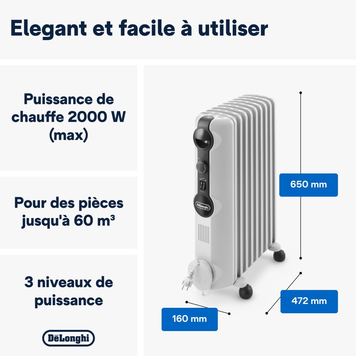 De'Longhi Radia S - Radiateur à Huile pour Pièces jusqu'à 60m³, Chauffage Électrique avec Thermostat de Sécurité, 9 Éléments, Chauffage Personnalisé avec Antigel, Portable, 2000W, Blanc (TRRS0920)