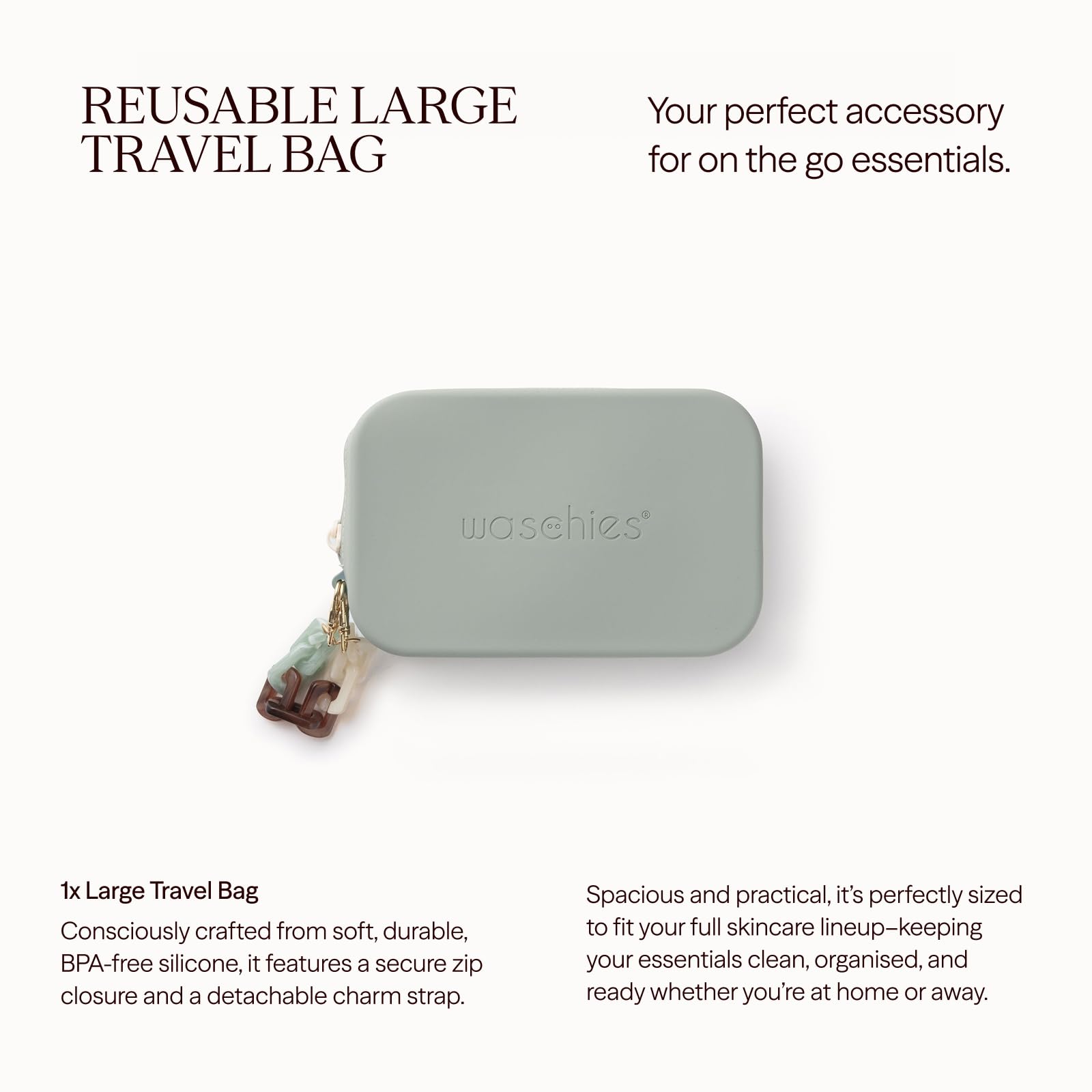 Waschies Large Travel Beauty Bag in Sage, BPA Free Silicone Toiletries Pouch, Machine Washable - Image 2