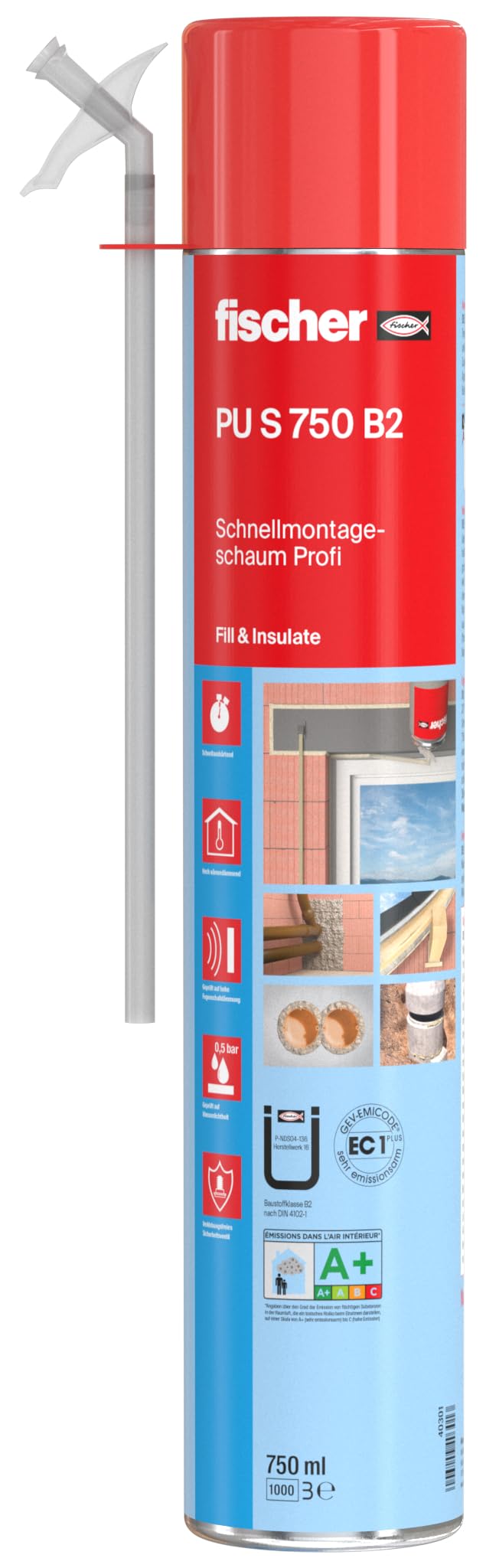 fischer Schnell-Montageschaum PU S 750, Bauschaum für Verfüllung, Dämmung & Isolierung, PU-Schaum inkl. Adapter für sofortigen Einsatz, 750 ml