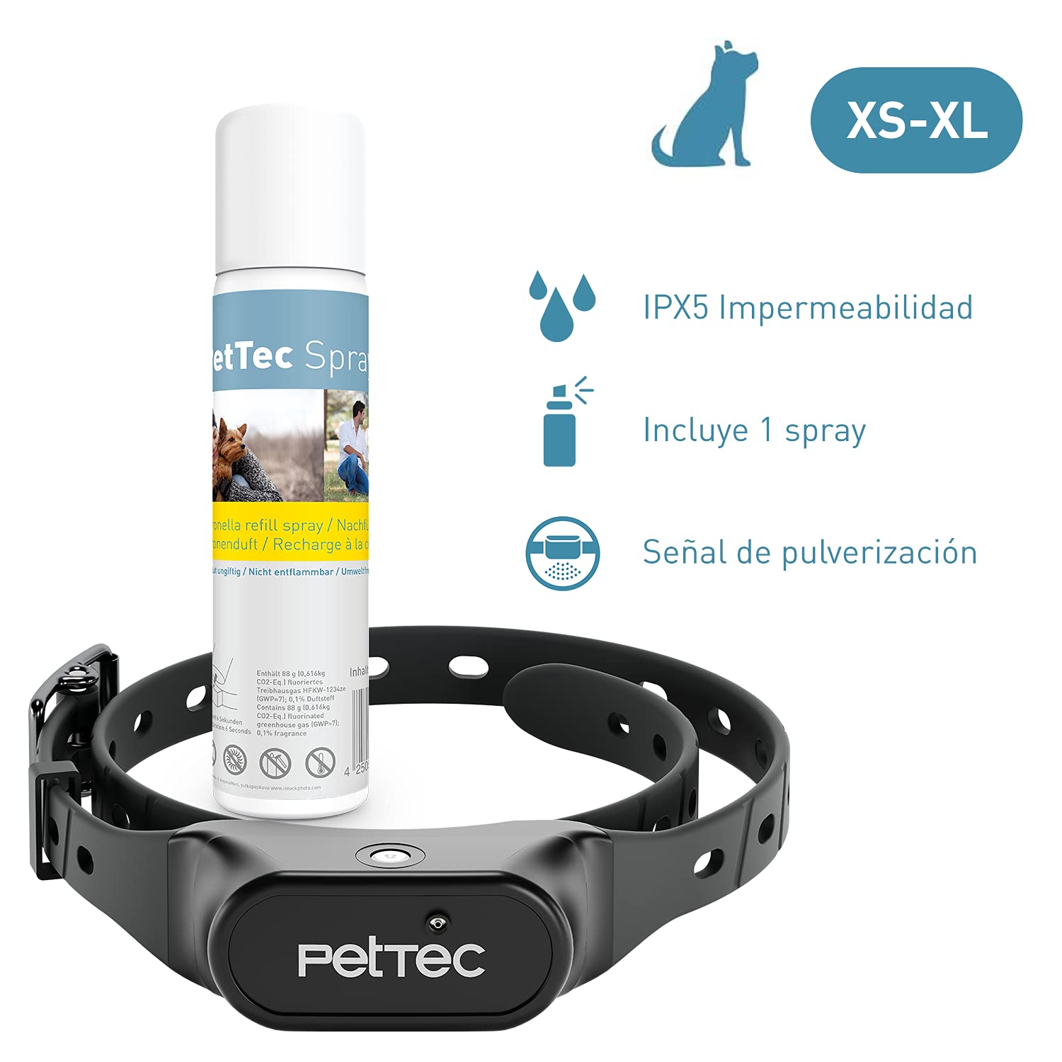 PetTec Collar Antiladridos Perros con Señal Pulverizada automática, Incluye Aerosol con Fragancia de Limón, Adiestramiento para Acabar con los Ladridos de Perros Grandes y pequeños