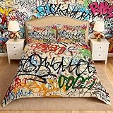 Manfei Graffiti Duvet Cover Set Street Art Hip Hop Bedding Set 3pcs for Kids Boys Girls Modern Fashion Design Comforter Cover Microfiber Bedspread Cover with 2 Pillow Cases(No Comforter) Queen Size