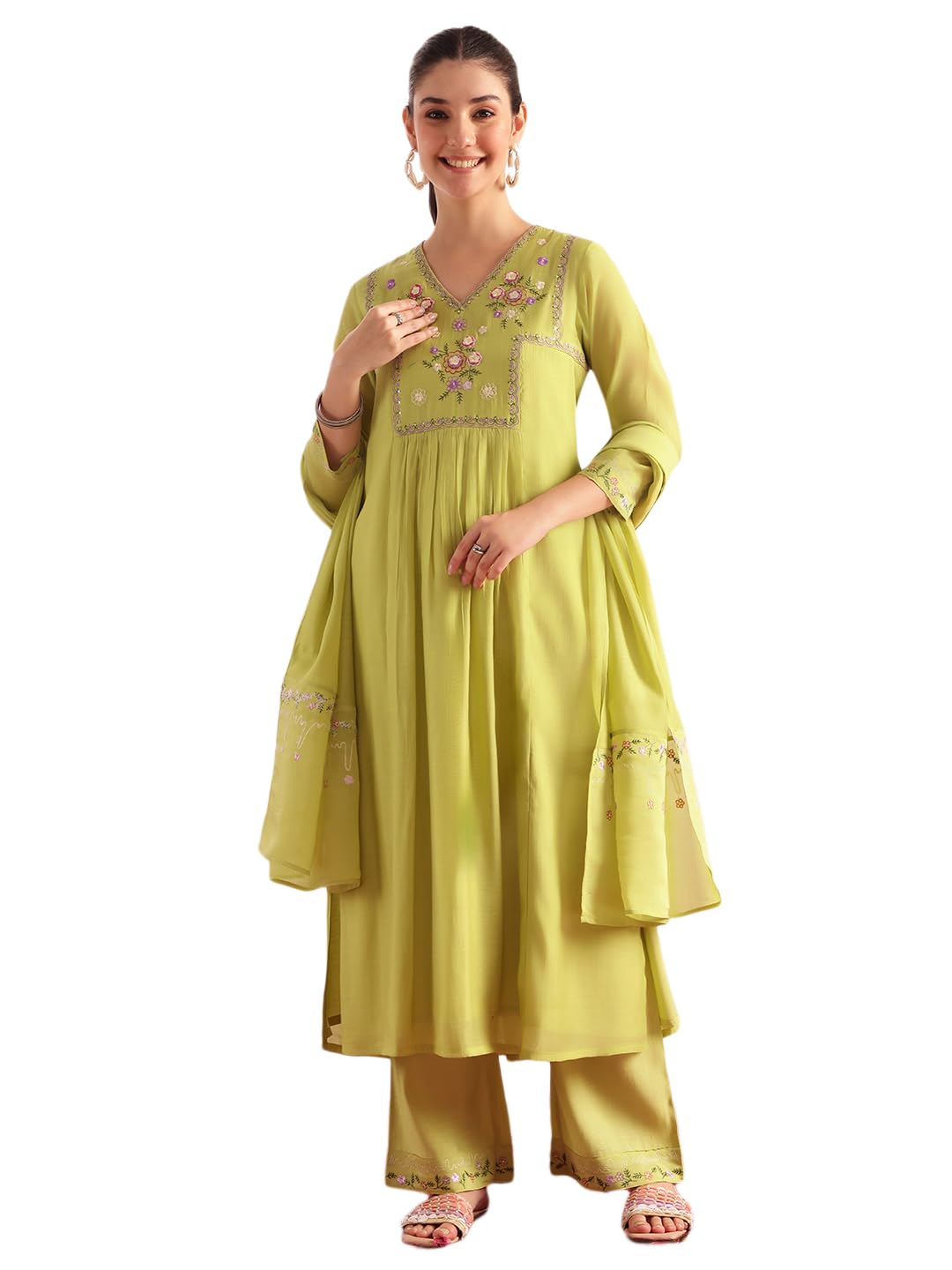 Women's Mul Chanderi Solid Embroidered Straight Regular Fit Kurta & Palazzo with Dupatta-image-46