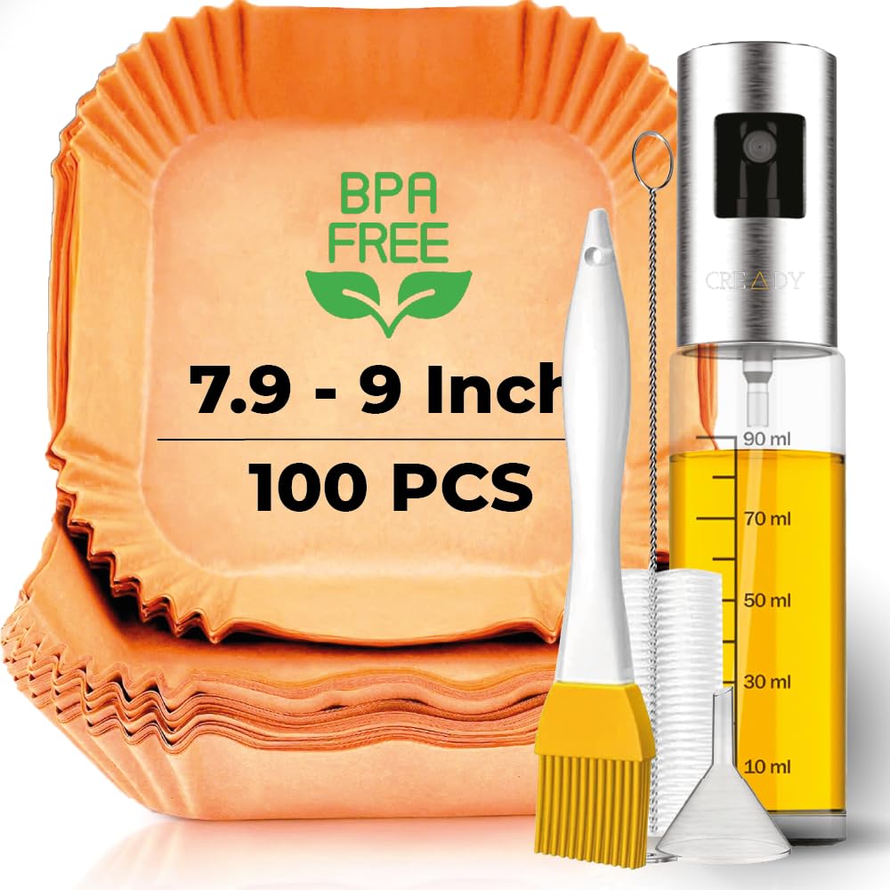 CREADY Disposable Air Fryer Liners 100-Pack Extra Thick [7.9-9 Inch] + Oil Spray | Air Fryer Accessories | Airfryer Liners Disposable | Air Fryer Paper Liners | Cosori 5.5 and Larger Air Fryer
