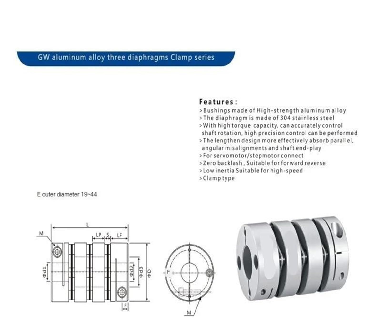 Accouplements d'arbres à trois diaphragmes en alliage d'aluminium, série GW D34L58