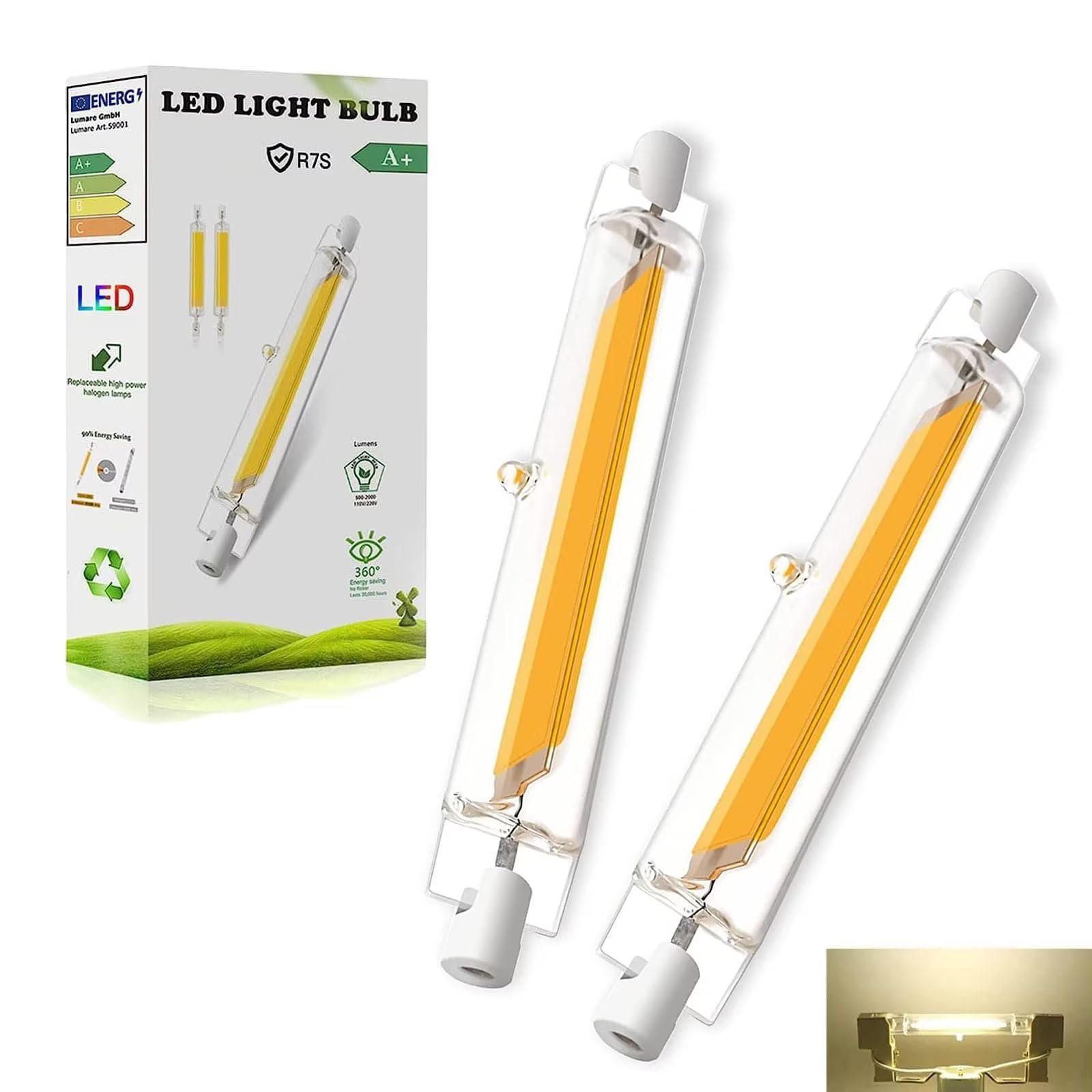 R7S 118mm LED Bulb Dimmable, 20W J118 Natural White 4000K COB Filament Chip J Type Linear Bulb Double Ended Reflector Light 200W Halogen Replacement Energy Saving R7S Floodlight Dimmableby, 2 Pack