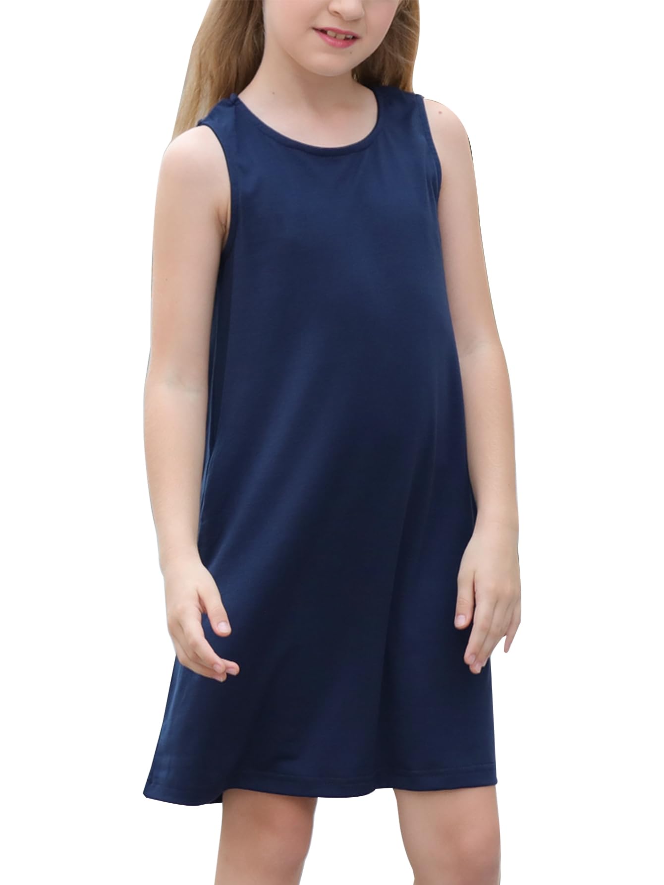 GORLYA Girl's Summer Casual Loose Tank Swing Midi Cute Shift Dress with Pockets for 4-14T Kids