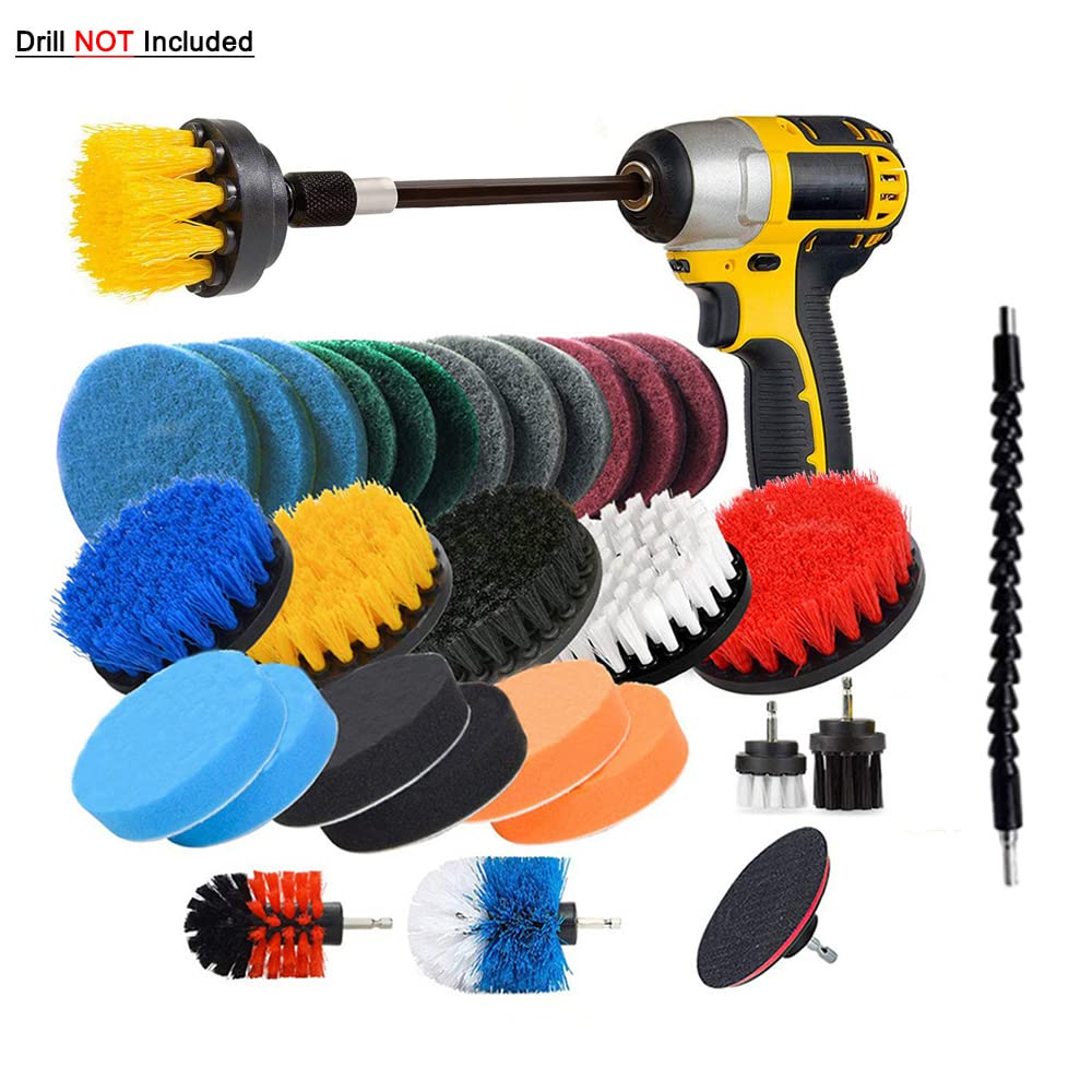 31 Pezzi Set di Spazzole per Trapano Elettrico Include Panno Pulito, Spugna per Strofinare, Spazzola Elettrica con Attacco Lungo ed Esteso Ruotabile, Pulizia Multiuso per