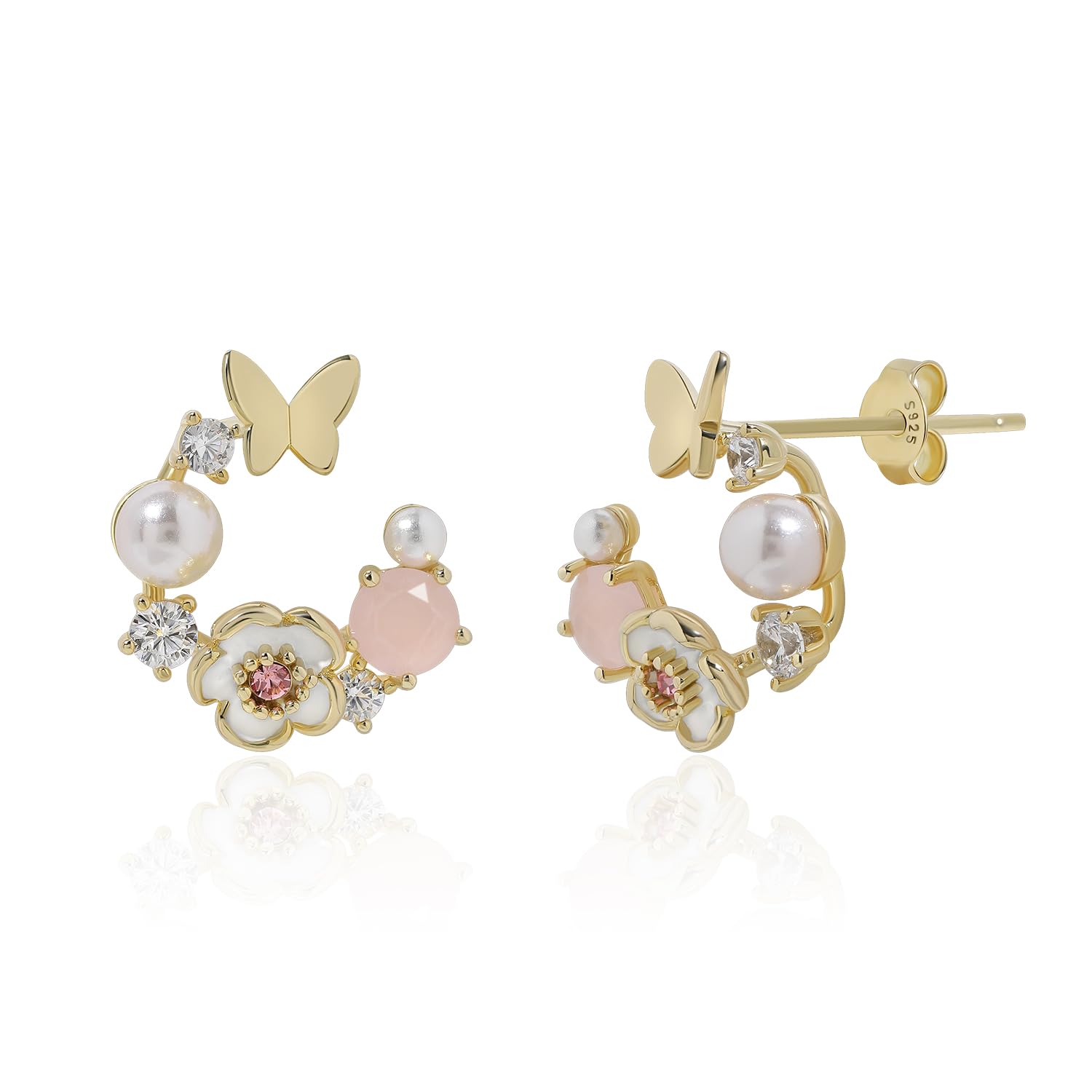 Meissa Orecchini di fiori di perle fatti a mano per le ragazze Dainty Butterfly Studs con Cubic Zirconia rosa Regali di gioielli floreali ipoallergenici, Oro, pietra rosa