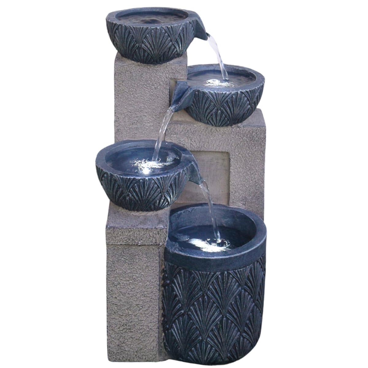 Festive Lights Grey - 42Cm Led Lit Solar Powered Stone Effect Cascading Bowls Water Feature - Outdoor Polyresin Garden Fountain, Timer Functions, External Panel, Ip44 Rated, 5M Cable Included