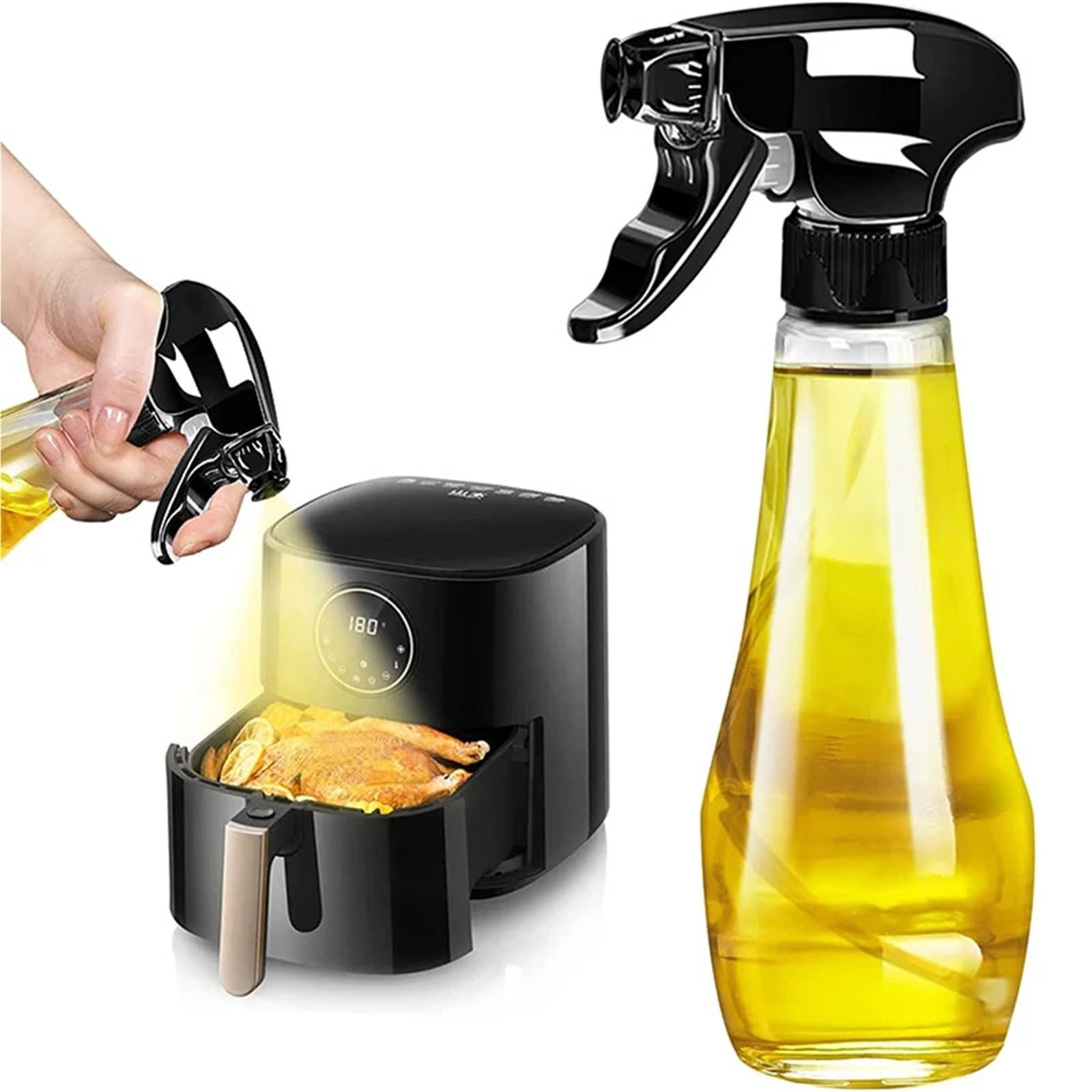 NGTFDCP Oil Dispenser, Oil Sprayer 240ML Glass Bottle With Rotatable Nozzle Spritzer Mister For Air Fryer for Air Fryer, Salad(Black 200ml)