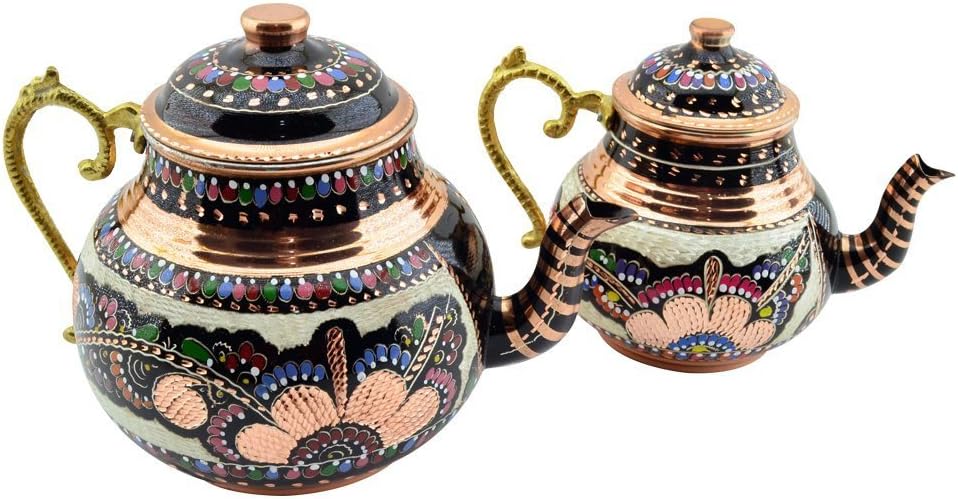 Handmade Handpainted Copper Double Teapot with Brass Handle,3 Quart