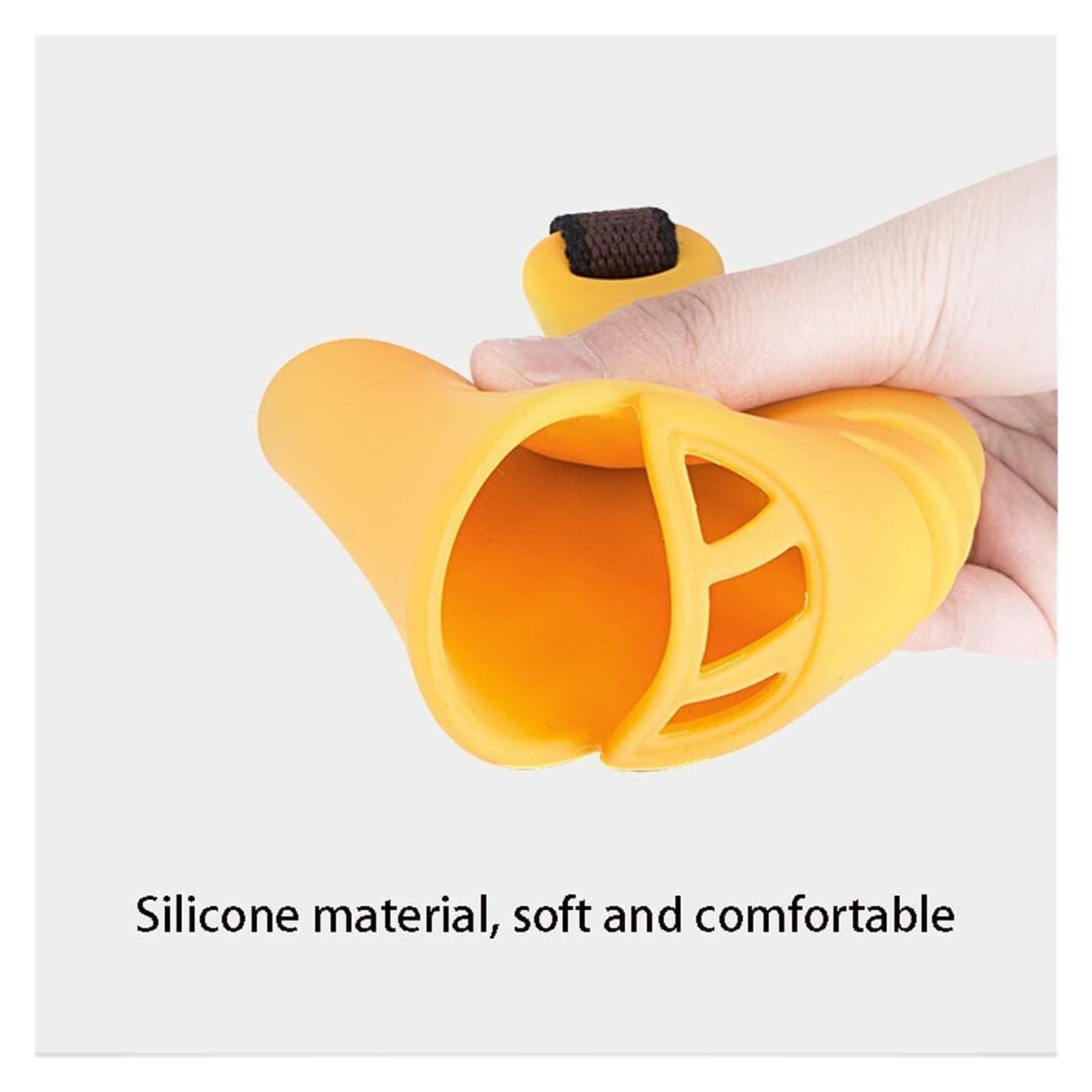 Bozal para perros pequeños y medianos, tapón de silicona suave antiladridos, cubierta de boca de pato transpirable ajustable con correa de seguridad (amarillo, S)