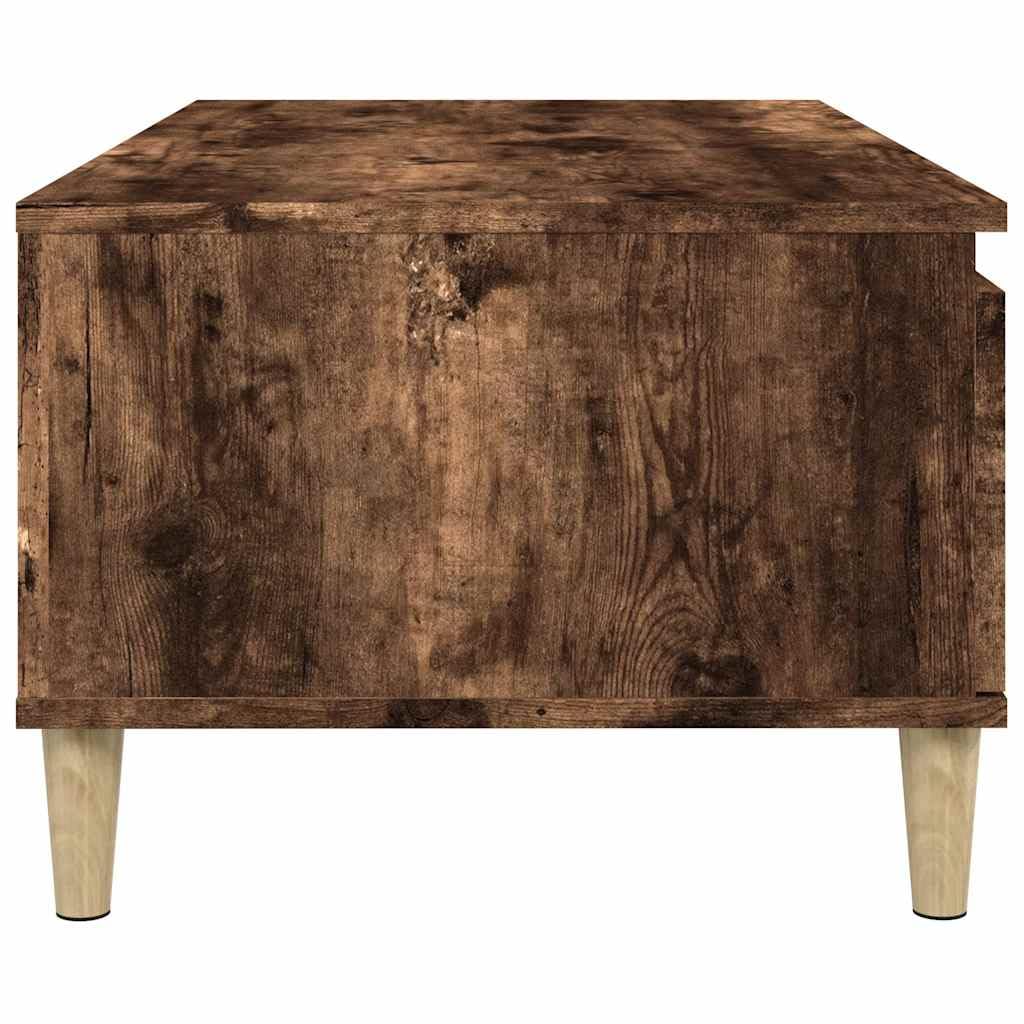 Mesa de centro de roble ahumado, 90 x 50 x 36,5 cm, material de madera con cajón y espacio de almacenamiento, mesa auxiliar para salón, mesa de sofá con diseño robusto y madera de eucalipto