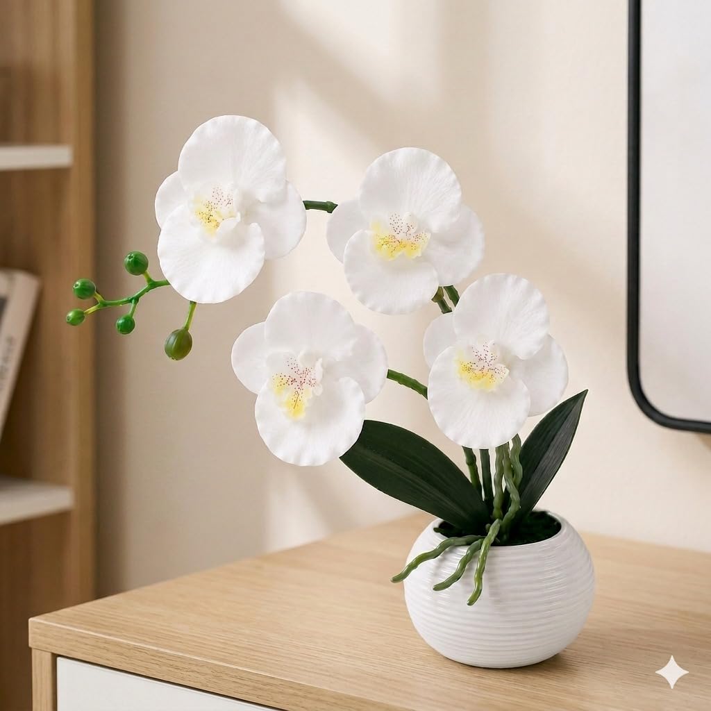 CURATED CART Artifical Orchid Flower Pot, White Flower with Vase, Ideal for Home Décor, Office Décor, Gifting, 4 Flower Heads, Size 36 x 9cm-image-10