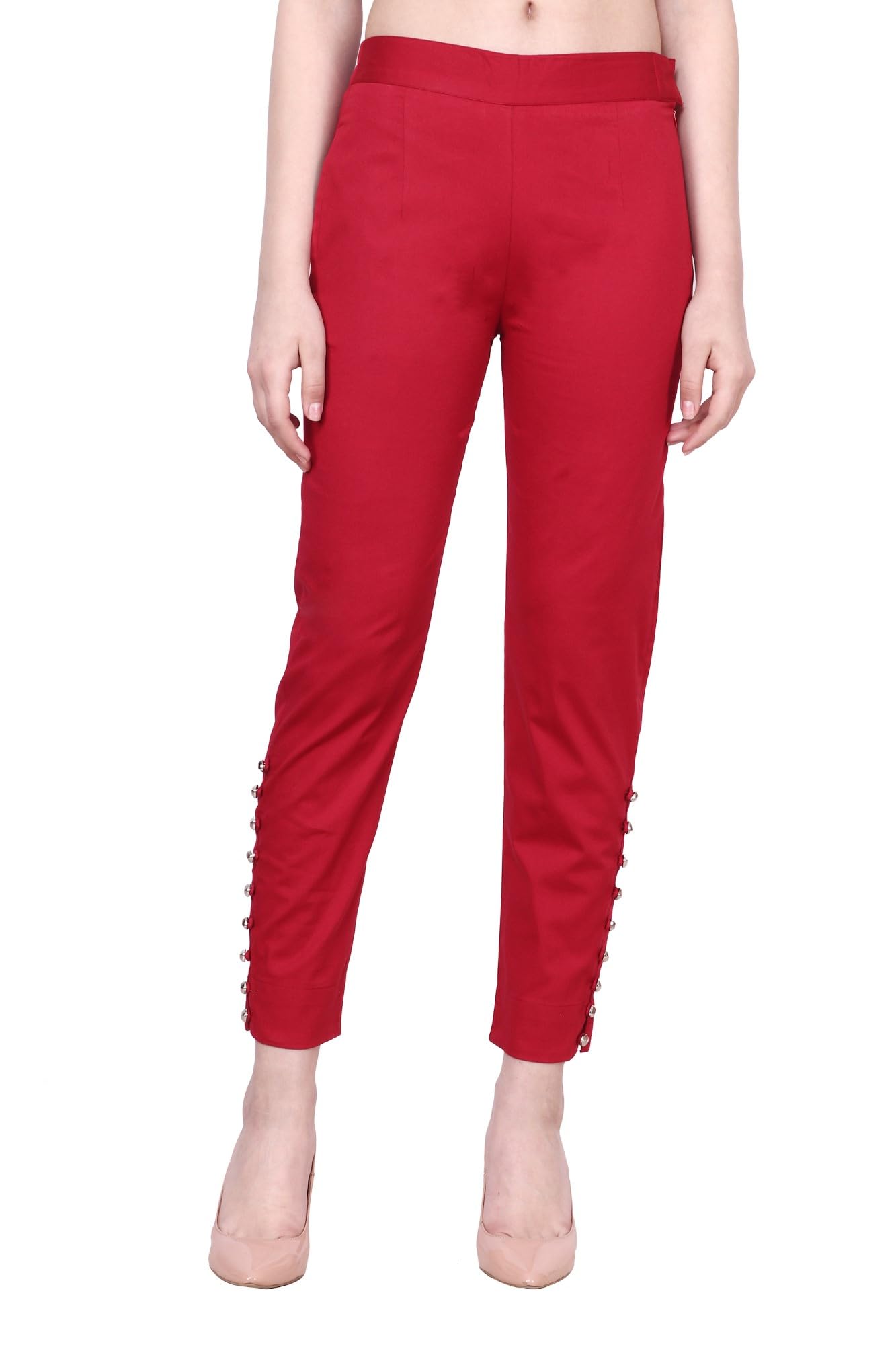 Women Casual Mid Rise Stretchable Red Cotton Trouser-image-28