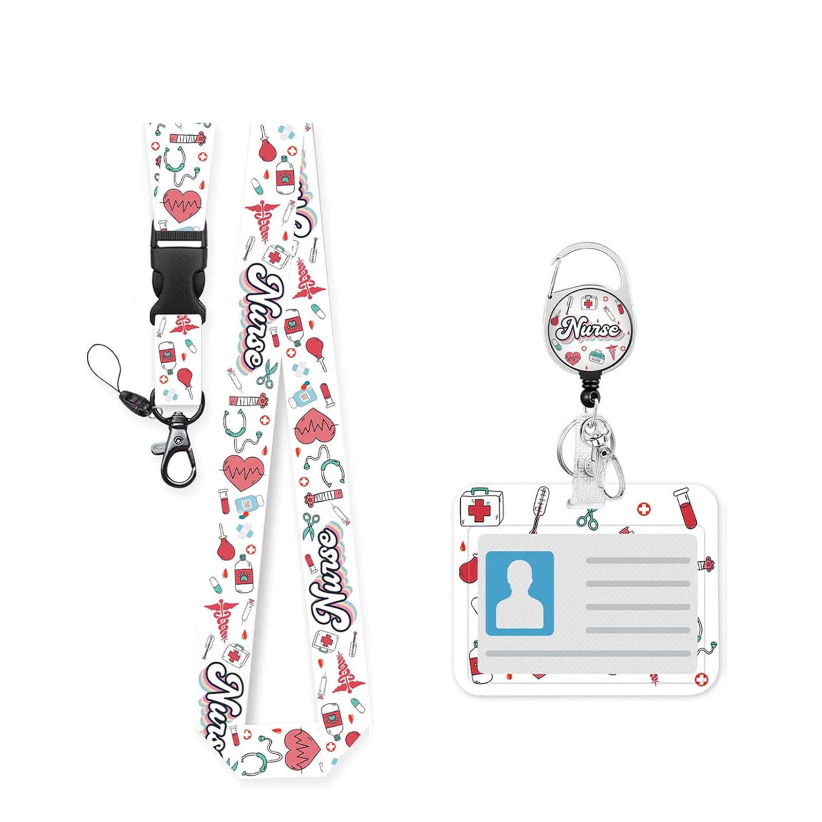 Buxuaaaa Nurse Badge Holder Card Holder and Lanyard Set Card Case with Retractable Badge Reel Clip for Nurse and Doctor Polyester Lanyard