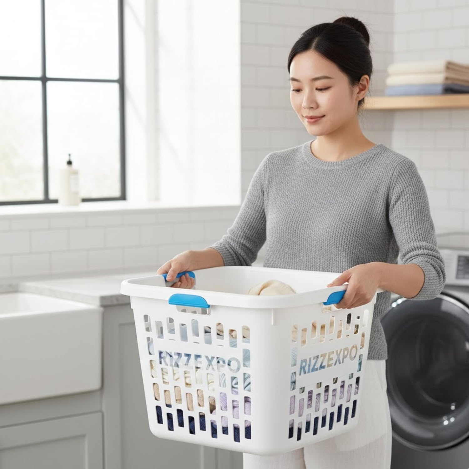 4 Pack 1.5 Storage Bushel Square Laundry Basket Plastic, Laundry Hamper White, Ultra Square, Plastic Laundry Basket with 2 Comfort Grip Handles,