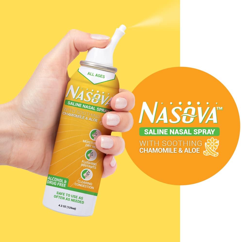 Nasova Saline Spray with Chamomile & Aloe, Moisturizing, Cooling Spray for Nasal Dryness Relief, Clear Nasal Passages from Allergens, Dust, and Irritants (4.2 Ounce) 125ml