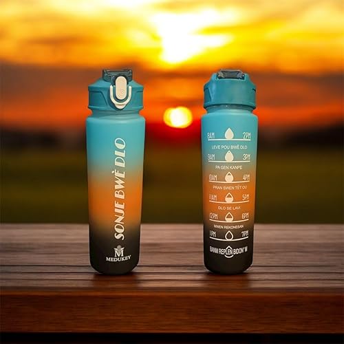 Miniatura 3 de Botella de agua motivacional, botella deportiva azul degradado con marcadores de tiempo, rastreador de hidratación de gran capacidad para fitness,