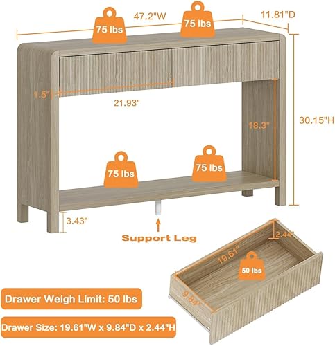 Miniatura 8 de FATORRI Mesa consola con 2 cajones y estantería de 5 cubos para sala de estar (nogal claro)