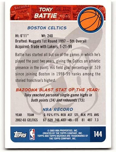 Miniatura 2 de 2003 Bazooka #144 Tony Battie Boston Celtics Basketball Cards EXNM Basketball Card