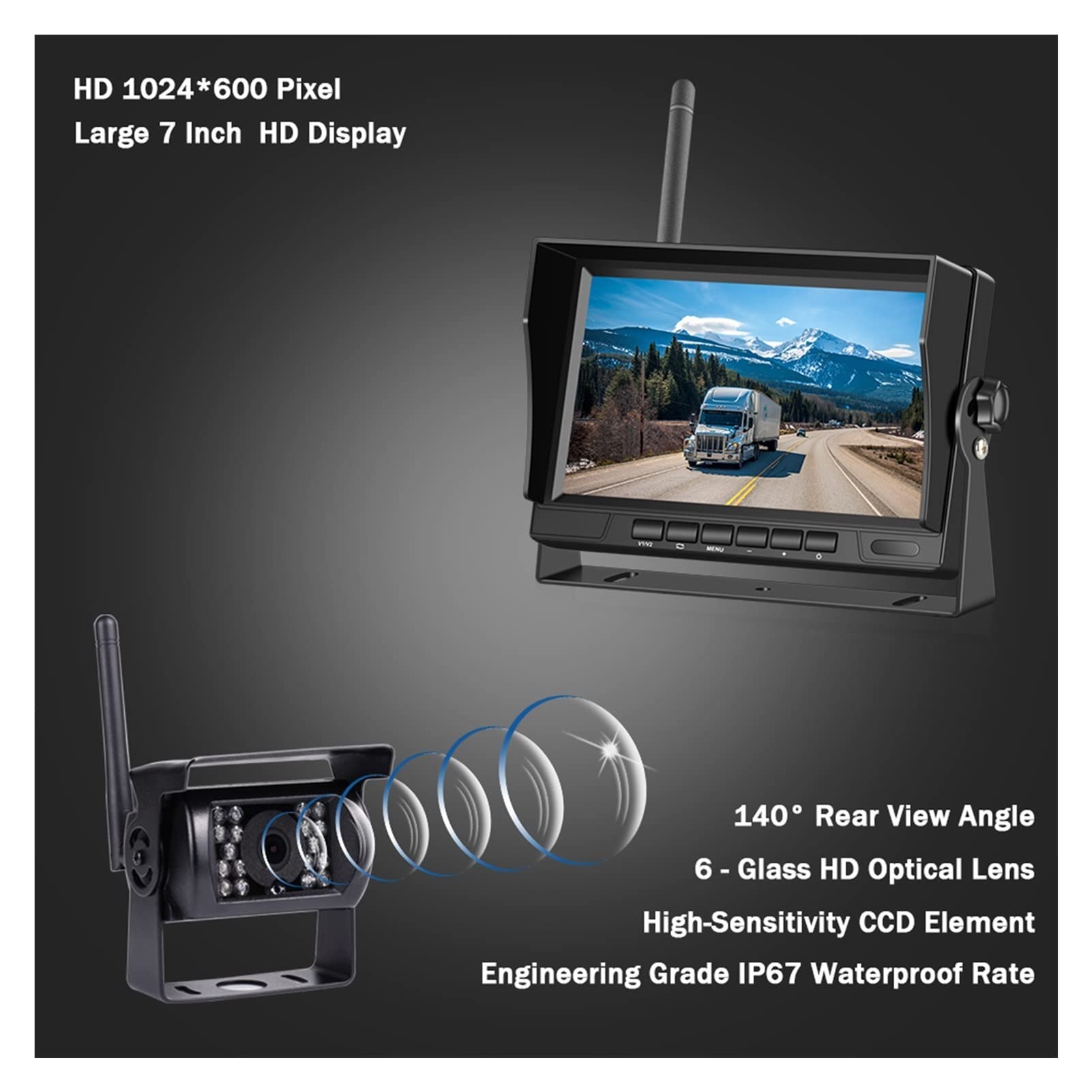 GPS pour Voiture, Surveillance de Voiture 7 Pouces Sauvegarde Camion sans Fil Affichage la Vue arrière et caméra Sauvegarde inversée WiFi for RV Autobus télé Écran d'affichage(1 Camera)