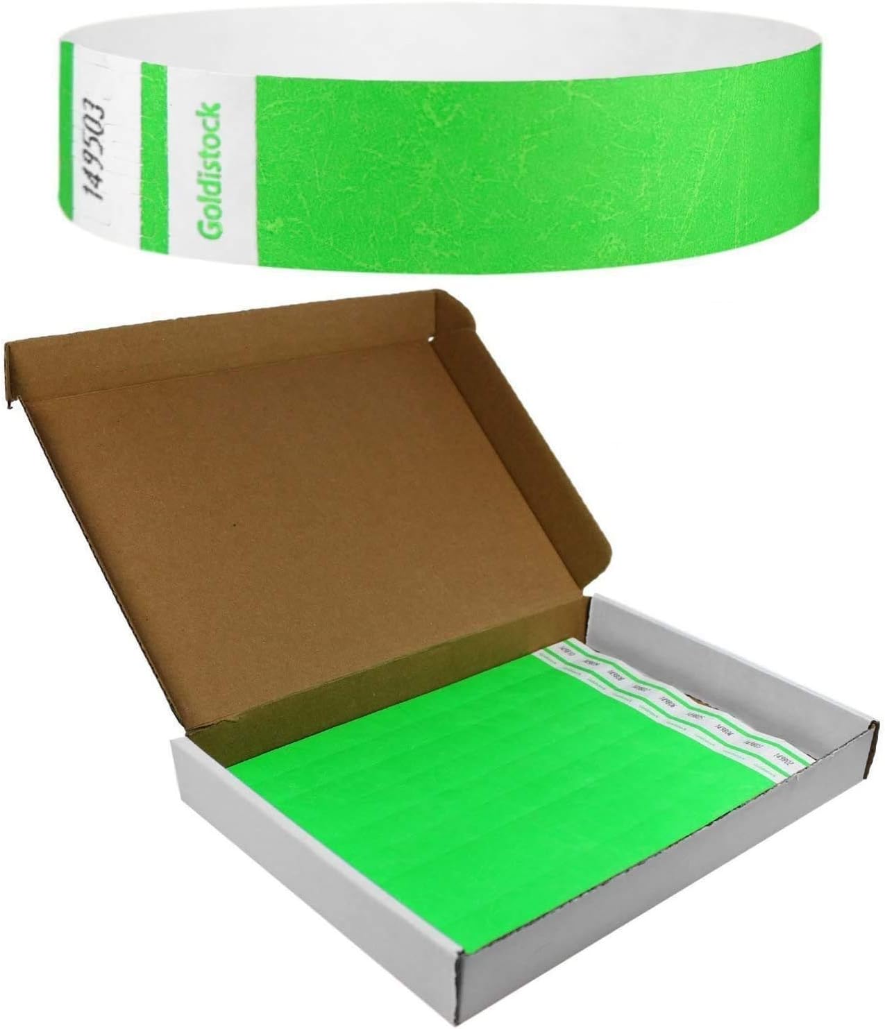 Heavier Tyvek Wristbands 7.5 Mil - Goldistock Select Series with Box - Vibrant Neon Green 500 Count - ¾” Arm Bands - Paper-Like Party Armbands - Upgrade Your Event - Extra Security & Convenience